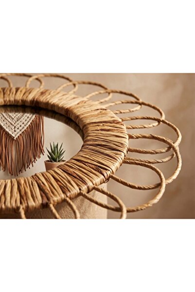HBS Art Design Doğal Hasır Örme Yuvarlak Duvar Aynası - Çiçek Motifli Boho De...