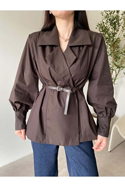 Bade Butik Brown Double-Breasted Collared Belted Shirt