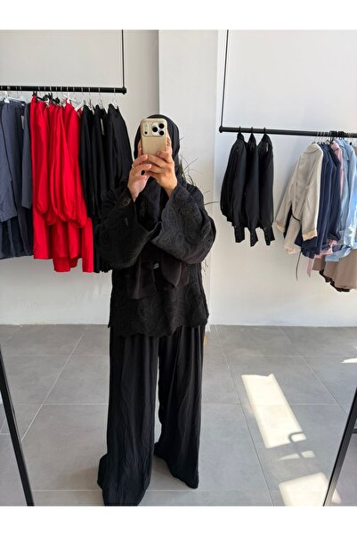 Butik Duyawear dantelli pantolonlu siyah takım