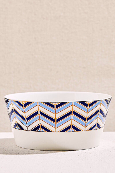 Paşabahçe Blue and White Nautical Porcelain Salad Bowl, Stylish Tableware, Ki...