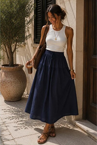 bb butik basic 100% Cotton Muslin Fabric Midi Skirt – Elastic Waist with Tie ...