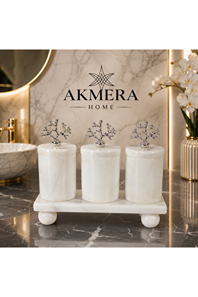 Akmera Home Lüks 4 Parça Mermer Top Ayak Kavanoz Seti