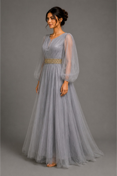 Queens dresses Luxury Royal Grey Sleeve Turkish Evening Dress