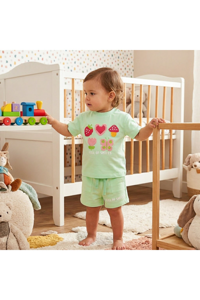 RCB Compleu Fetițe model Full of Smiles, Tricou și Șort Verde Deschis, Imprim...