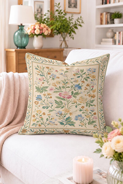 Home Pastel Çiçek ve Yaprak Desenli Kırlent Kılıfı - Vintage Botanik Dekorati...