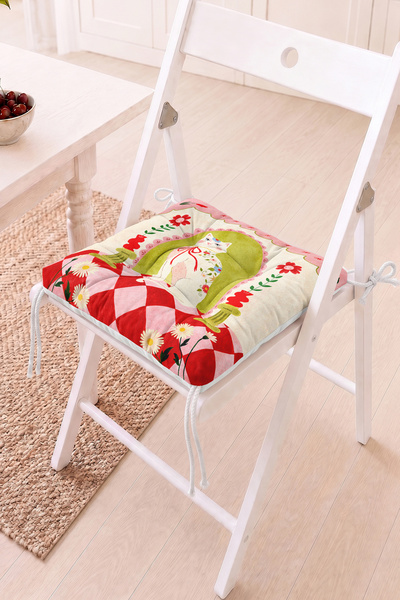 Home Çiçekli Kedi Figürlü Pofidik Sandalye Minderi - Kırmızı Beyaz Kareli Vin...