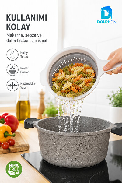 DolphFin Foldable Strainer with Handle Pasta Vegetable Fruit Washing and Drai...