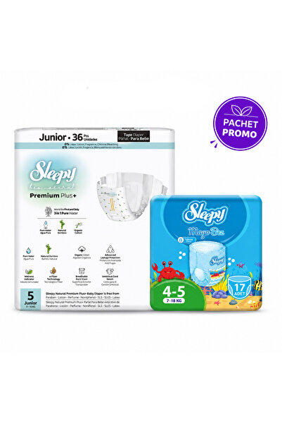 Sleepy Pachet promo Scutece Premium Mărimea 5 (36 buc, 11-18 kg) + Scutece de...