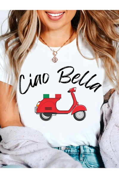 2mcup Ciao Bella Graphic T-Shirt Italian-Themed Motor Scooter Design, Light G...
