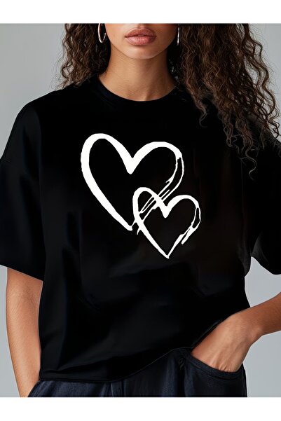 BASEPULSE Brush Heart Print Women'S Black Casual Long Tee