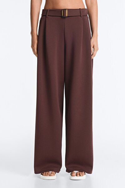 Oysho Kemerli pamuklu piqué wide leg pantolon
