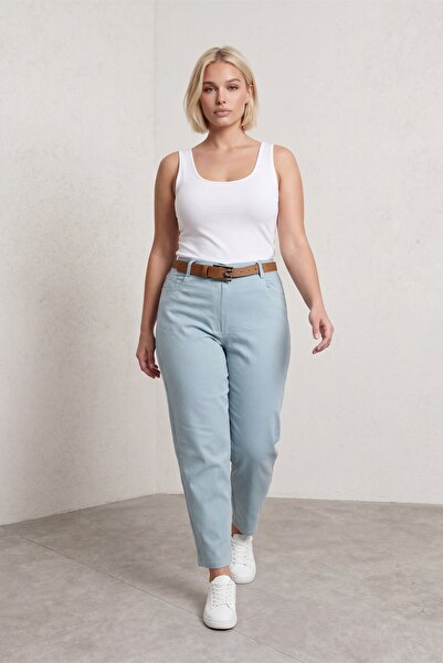 EXİTLİNE Women's Blue Summer High Waist Denim Trousers with Special Belt