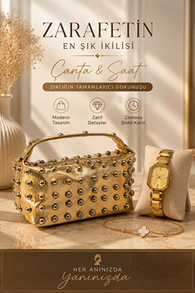 Arenmc store Gold özel davet el ve omuz çantası ve gold kol saat kombini