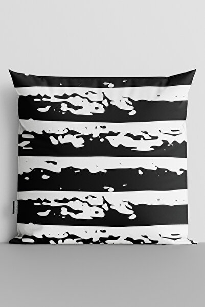 TicaretJet Black Thick Horizontal Lines Double Sided Digital Printed Throw Pi...