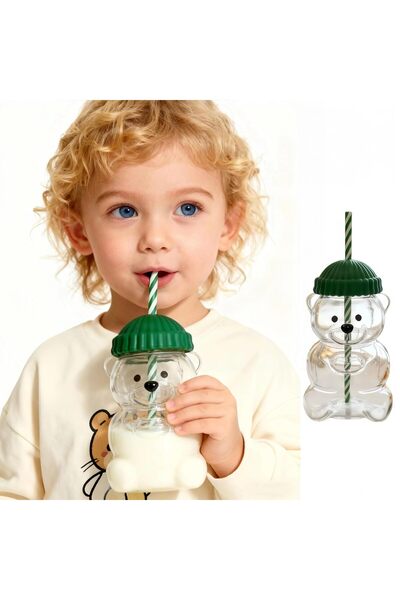 genric Bear Glass Cup. 47ml Clear Bear Shape Tumbler with Green Lid, Reusable...
