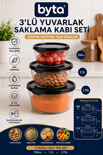 BYTA 3-Piece Round Storage Container Set 700 ml + 1.1 L + 1.75 L Transparent ...