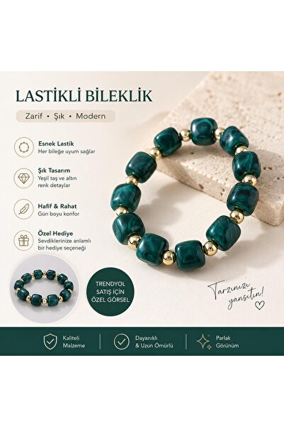 cnn takı toka Yeşil ve Gold Uyumu Bileklik Lastikli Rahat Bileklik Yeşil Taşl...