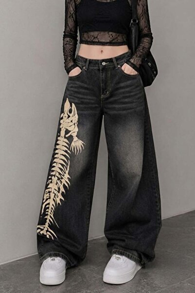 Köstebek Black Stonewashed Fish Skeleton Gothic Y2K Unisex Baggy Pants