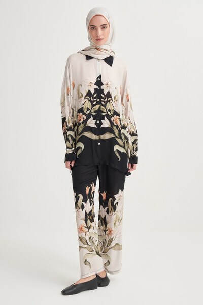 carell Eli Floral Pantolonlu Takım Siyah