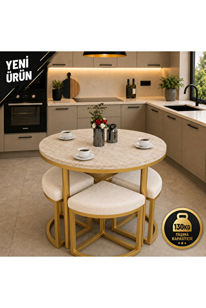 EDMONDA EV AKSESUAR ALARA 90 CM ÇAP GOLD METAL YUVARLAK YEMEK MASASI TAKIMI 4...