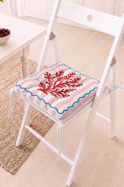 Home Kırmızı Mercan Figürlü Pofidik Sandalye Minderi - Pembe Şeritli Dekorati...