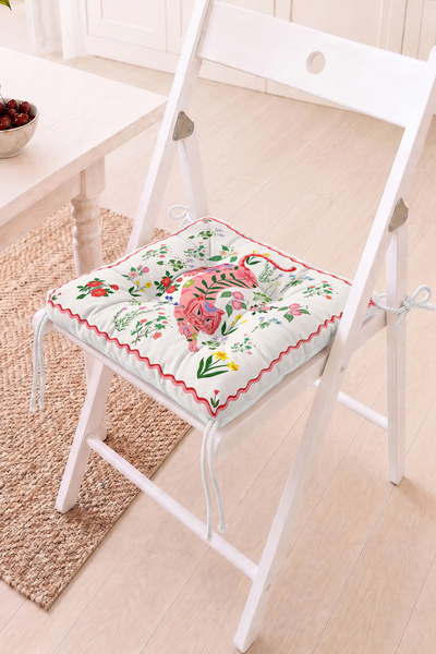 Home Pembe Kaplan Figürü ve Çiçek Desenli Pofidik Sandalye Minderi - Dekorati...