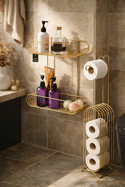 Edora Home Set of 2 Shiny Gold Two-Tier Shampoo Dispensers, Wc Toilet Paper H...