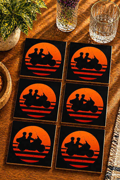 JHAAR Retro Silhouette Biker Couple Design Modern Set of 6 Coasters - Uv Prin...