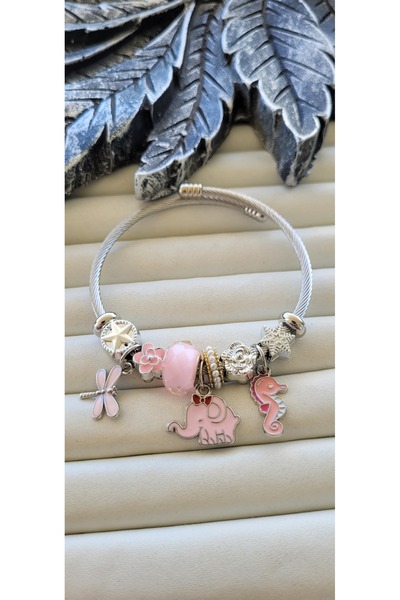 YİĞİTKARANAKSESUAR Steel Pink Charm Bracelet – with Elephant, Dragonfly and S...