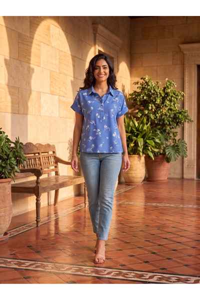 Finelook Women's Floral Print Short Sleeve Casual Blouse – Lightweight Button...