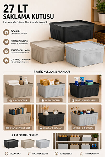 Virela Home 27 Lt Multi-Purpose Storage Box Organizer Organizer Box Gray
