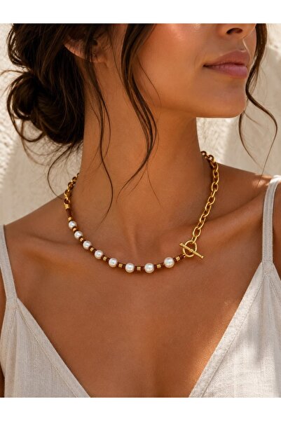 Kutcha Accessories Gold Plated Chain Necklace with Genuine Leather and Pearl ...