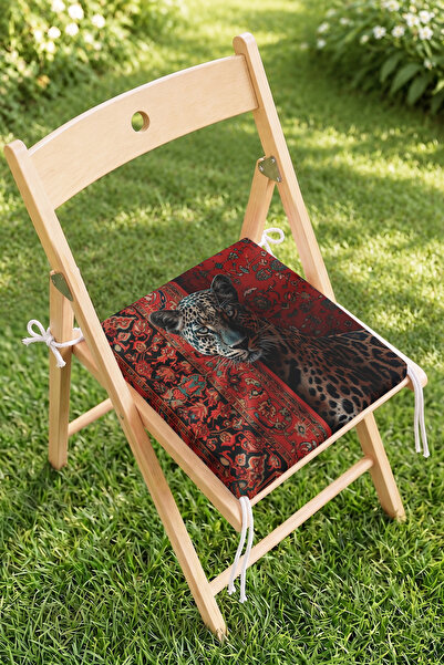 Home Leopar Figürlü Kırmızı Halı Desenli Fermuarlı Sandalye Minderi - Vintage...
