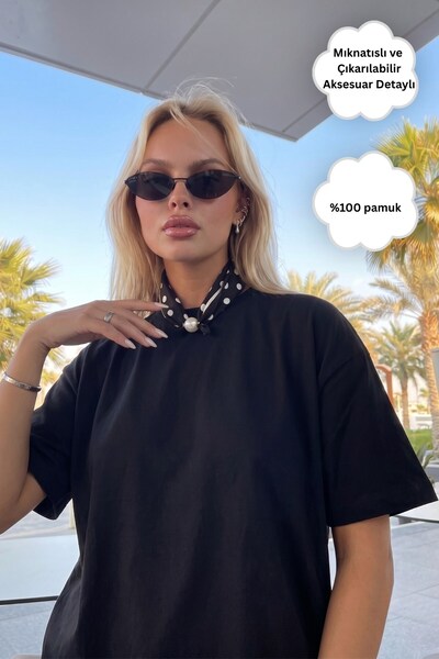 GIA - ART Tricou supradimensionat pentru femei, negru, cu accesorii eșarfă ma...