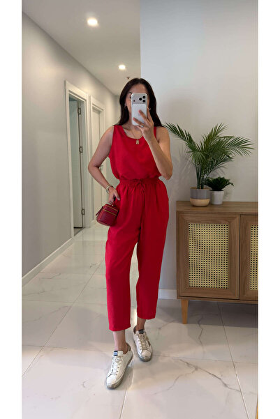 BİRCANÇİL Mone Red Tencel Sleeveless Blouse Pants Set