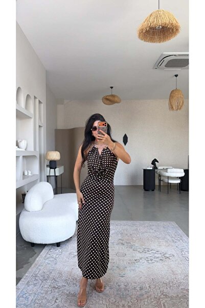 Buket Teke Brown Polka Dot Collared Polyamide Fabric Dress with Pendant