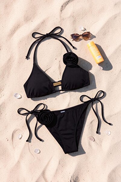 Luvensa Siyah Gül Detaylı Üçgen Bikini Takımı