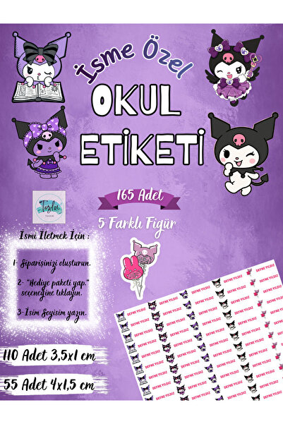 TOZLU RAF 165 Adet Kişiye Özel Kuromi Temalı Okul Etiketi