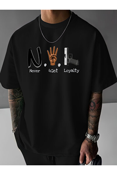 2mcup تي شيرت رجالي بطبعة "NEVER 4GET LOYALTY" - قميص بياقة دائرية مع طباعة ن...
