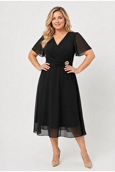 hazelin Women's Black Plus Size Double Breasted Collar Midi Length Chiffon Ev...