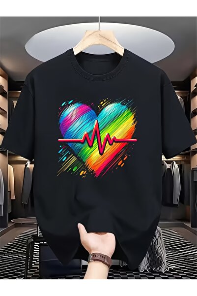 STITCHLY Men'S Patterned Short Sleeved T-Shirt with Bright Rainbow Heartbeat ...