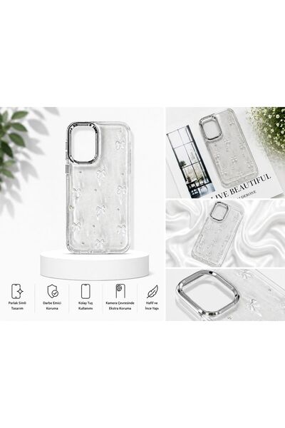 Samsung Galaxy A07 Uyumlu Desenli Şeffaf Simli Gümüş Kamera Korumalı Çıkıntılı Parlak Kılıf