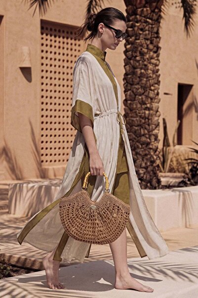 Haşema Tie-Dye Detailed Palm Patterned Cream Color Long Pareo 1016