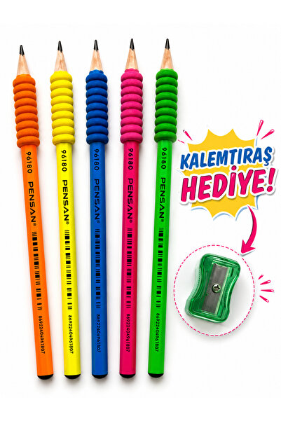 Pensan 96180 Kurşun Kalem 5'li Set | Neon Renkli Sünger Kalem Tutacaklı Kalem...