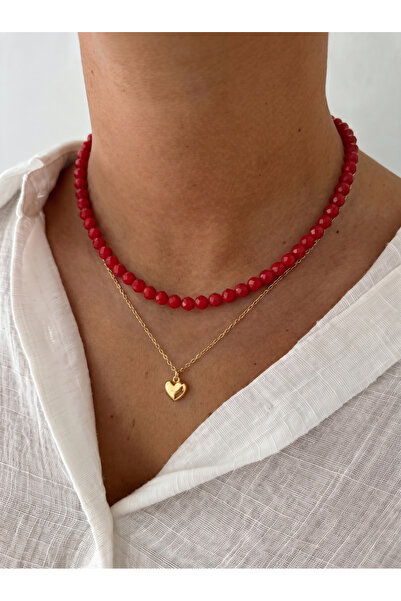 Esdem Accessories Kırmızı Boncuklu Altın Sarı Kalp Detaylı Çoklu Kolye