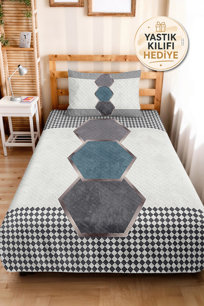 Evimde Bambaşka Blue Geometric Modern Young Room Single Pique Set - Gray Quil...