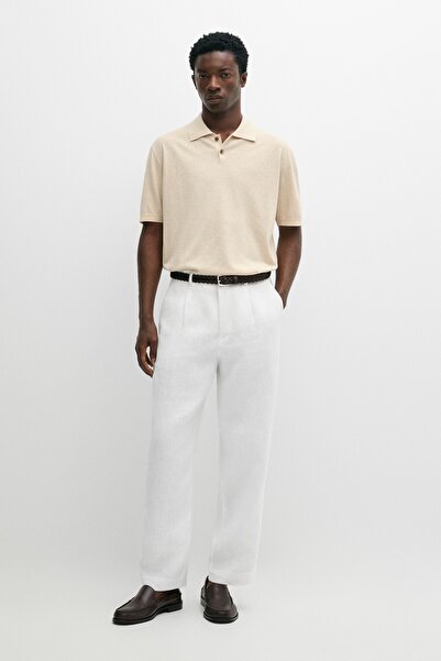 Massimo Dutti Pamuk ve keten karışımlı düğmeli polo yaka t-shirt
