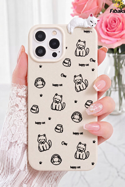 iPhone 13 Pro Max Case 3D Sleeping Cat Pattern Happy Cat Shock Absorbing Flexible Silicone Phone Case Cream