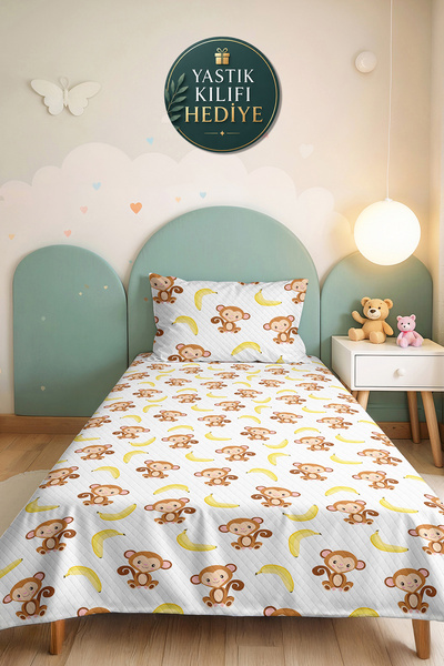 Evimde Bambaşka Cute Monkey Children's Room Single Pique Set - Banana Pattern...