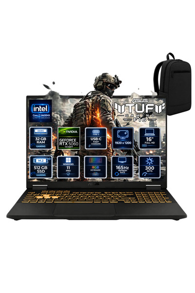 ASUS TUF GAMİNG F16 İ7-14650HX 32 GB 512 GB SSD RTX5060 16" WUXGA WİN11PRO GA...